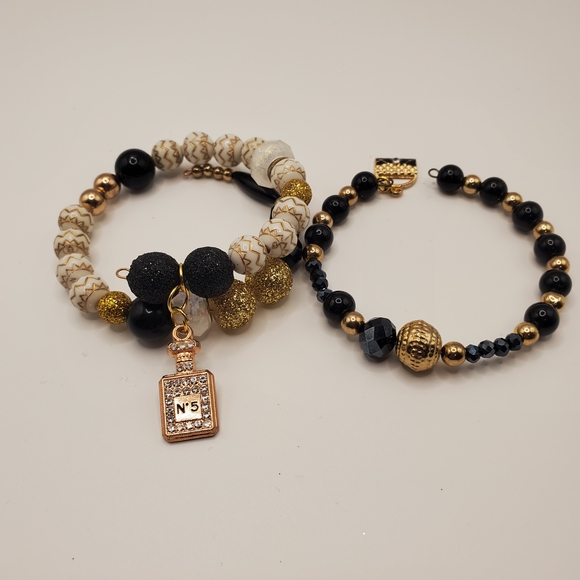 Gold and Black Beaded Bracelets Set - Picture 1 of 4